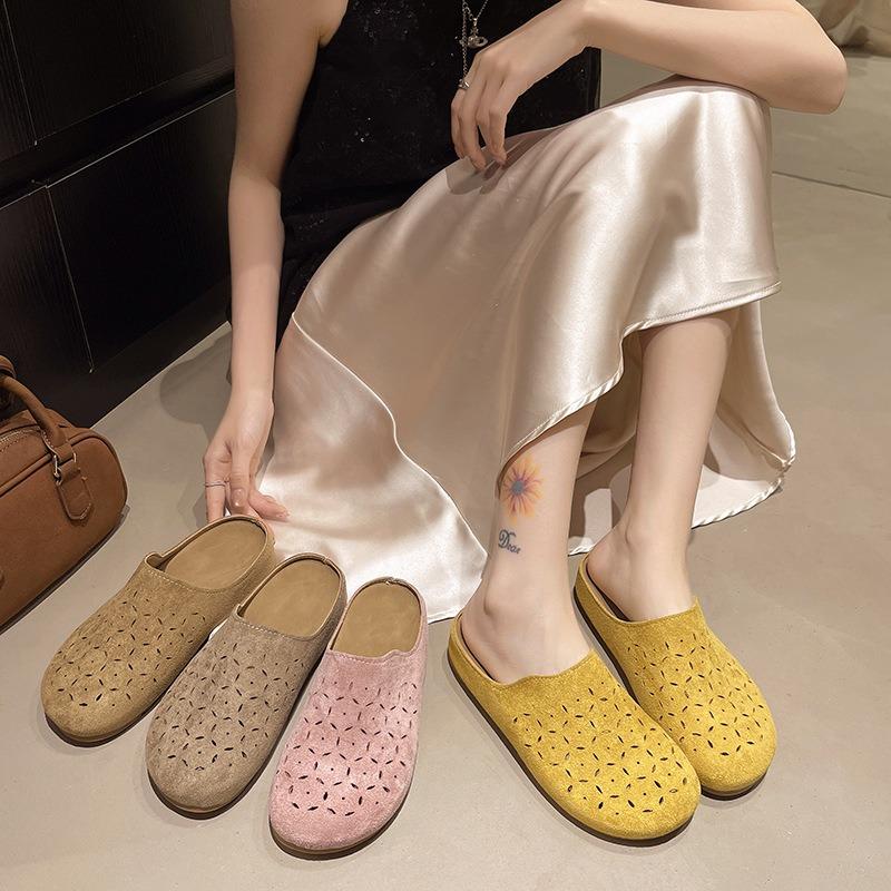 New cowhide thick-soled bag head half slippers women's summer wear hollow hole shoes one foot sandals
