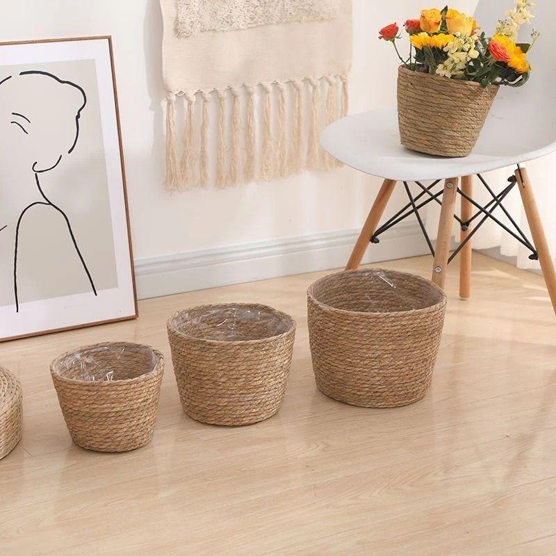 Nordic Style Hugging Plant Set: Woven Straw Flower Pot for Living Room & Balcony Decoration