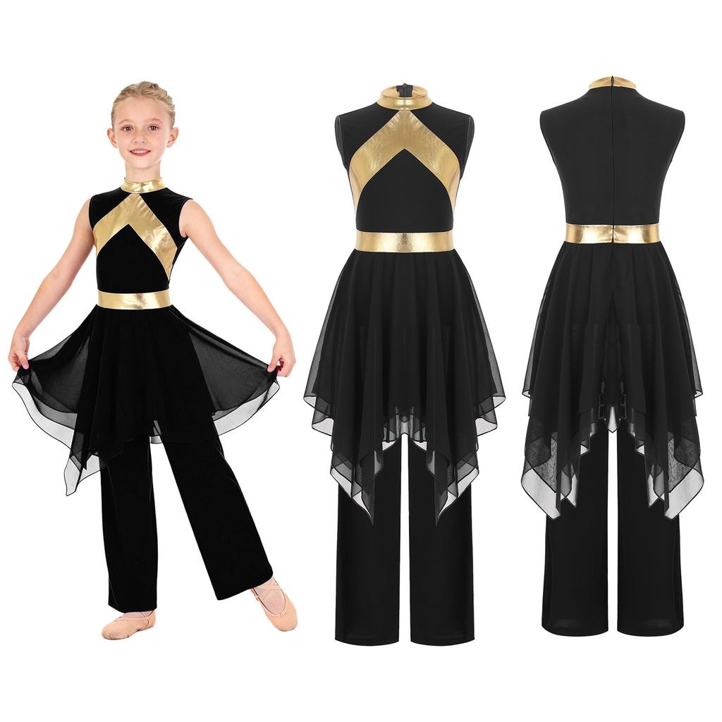 Praise Dance Costume for Kids Girls: Asymmetrical Sleeveless Metallic Dress & Comfortable Wide-Leg Pants with Elastic Waist