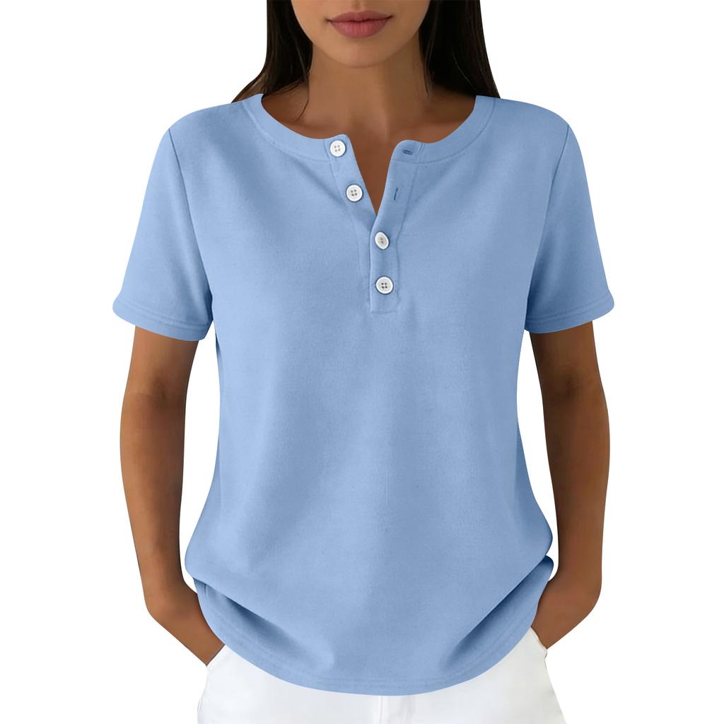 Lässiges Damen-T-Shirt in verschiedenen Farben, V-Ausschnitt, kurzen Ärmeln und Zierknöpfen.