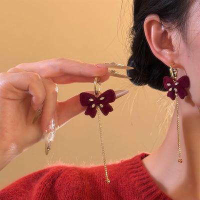 Silver Needle Flocking Bowknot Rhinestone Tassel Earrings - Luxury Versatile Stud Design for Women