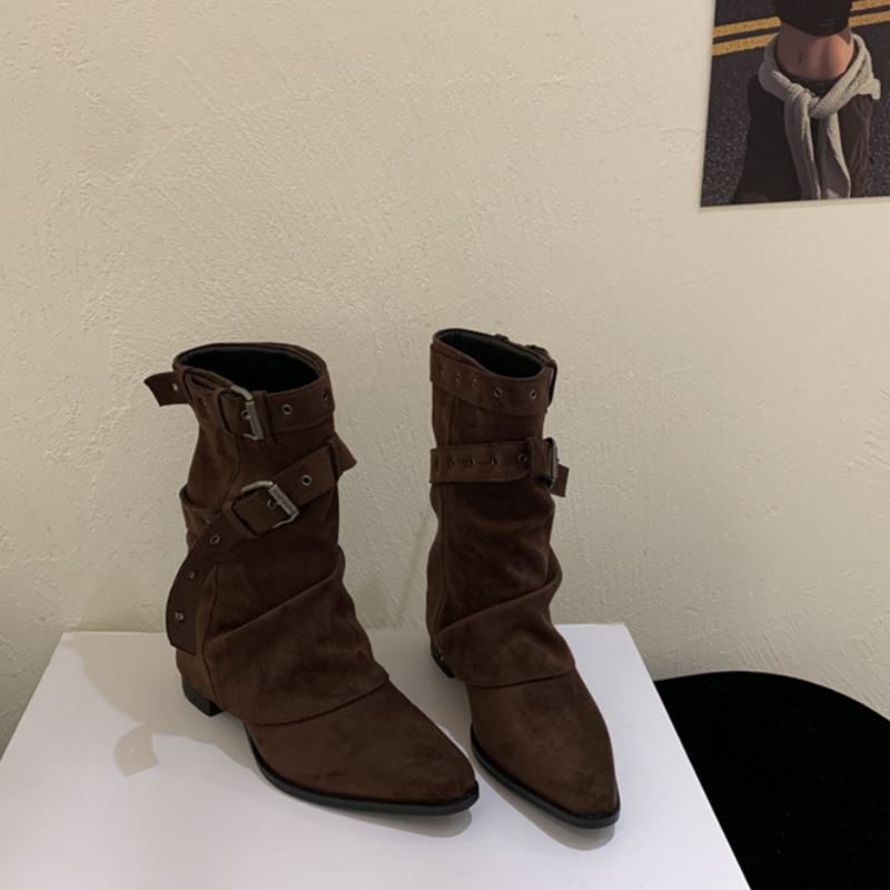 Autumn Winter Belt Buckle Women Western Ankle Boots Elegant Pointed Toe Thick Heel Shoes Female Vintage Knight Short Booties