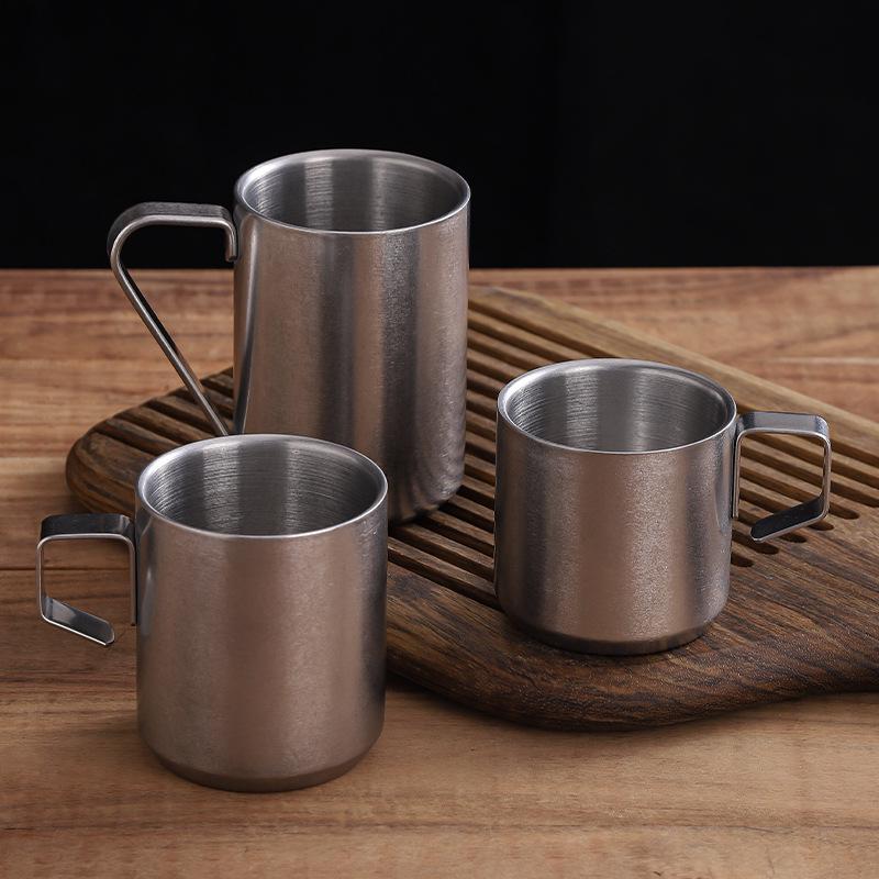 Retro 304 Stainless Steel Double-Layer Insulated Coffee Mug with Handle and Custom Pattern