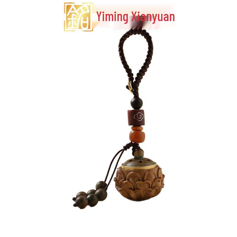 Yiming Xianyuan Green Sandalwood Hollow Pendant Sachet with Hidden Incense Keyring.