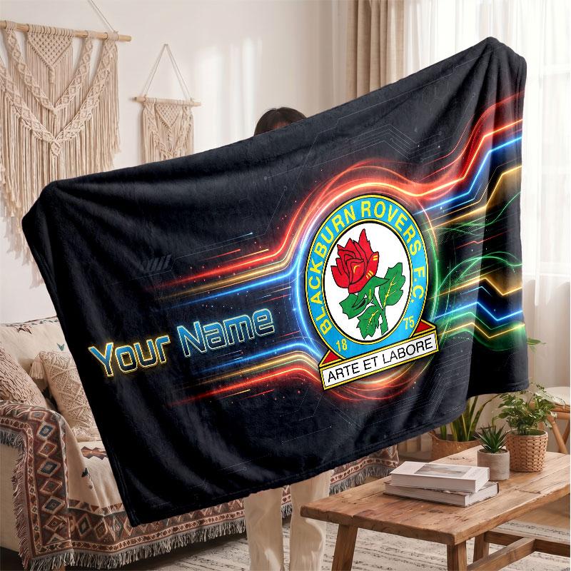Blackburn Rovers FC Personalized Fleece Blanket With Football Logo, Custom Name Text Soft Warm Home Throw Blanket