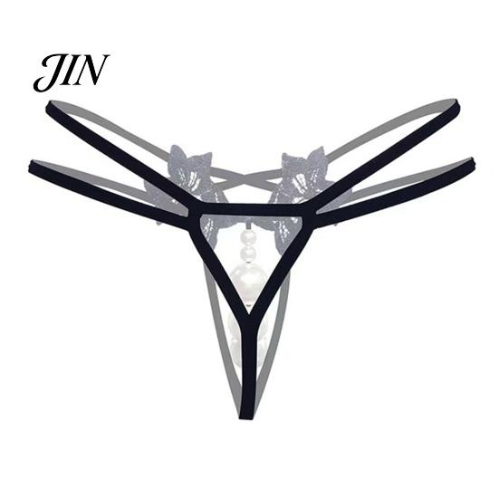 Open Crotch Thong Women's Sexy Faux Pearl G-String Thong, Low Waist Erotic Lace Embroidered Flower Underwear, Strappy Y-Back Stretch Panties Underwear