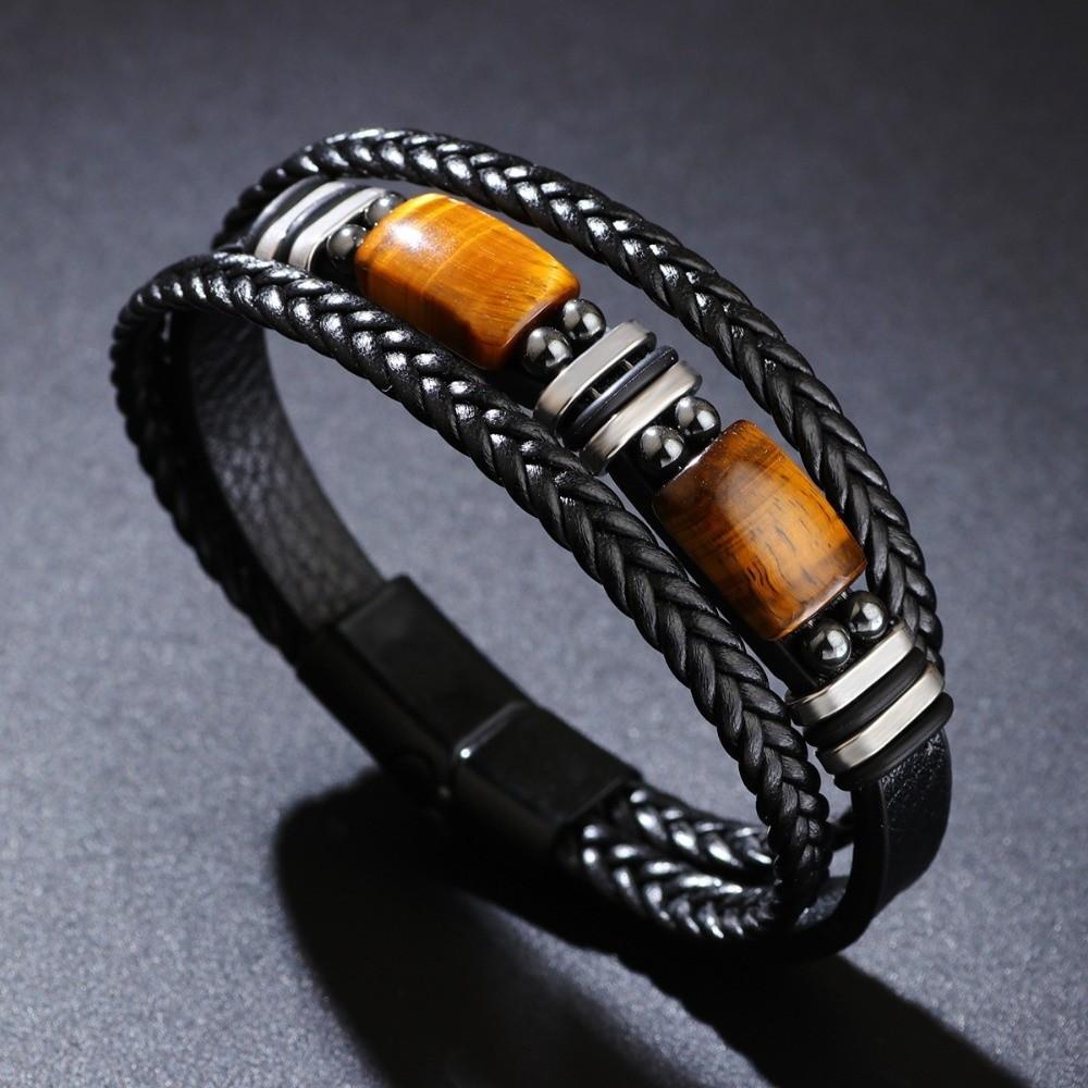 Mehrschichtiges Lederarmband Geflochtenes Perlenarmband Tigerauge Steinarmband Damen
