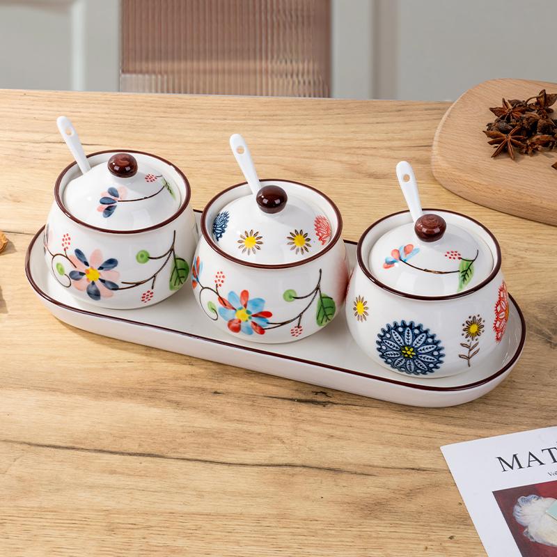 Ceramic seasoning Kitchen salt seasoning  Storage box set Household good-looking oil-splashed chili  Seasoning
