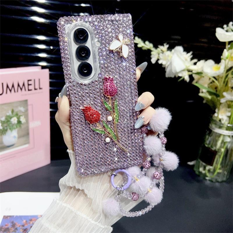 Luxury 3D Rhinestone Butterfly Rose Phone Case Galaxy Z Fold 7 6 5 4 3 Full Cover Acrylic Handmade