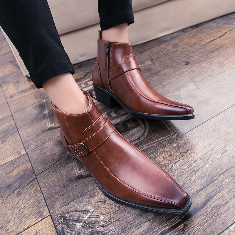 Men's Short Boots With Side Zipper And Pointed Toe, British Style