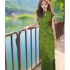 New Chinese-style printed improved cheongsam, young thin and white split-ended long dress, women's summer