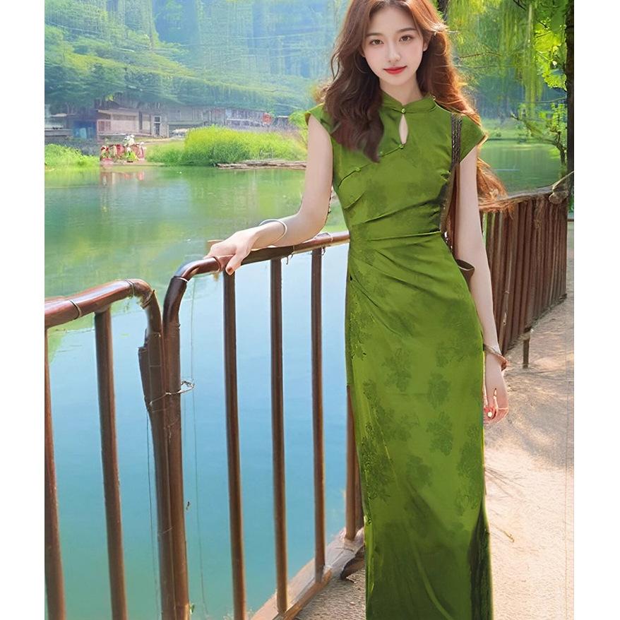 New Chinese-style printed improved cheongsam, young thin and white split-ended long dress, women's summer