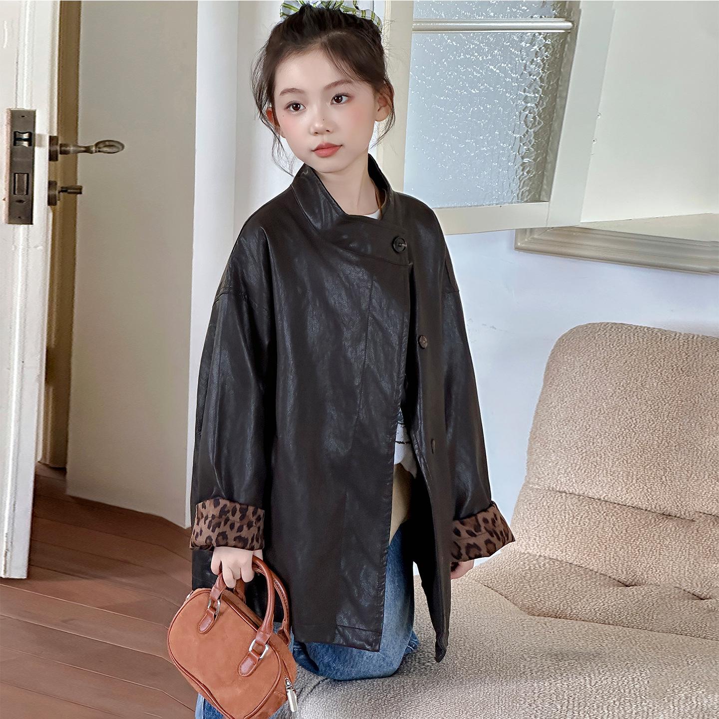 

2025 Girls Mid-Length Leather Jacket - Stylish Autumn/Spring Coat for Fashionable Big Girls 170 cm