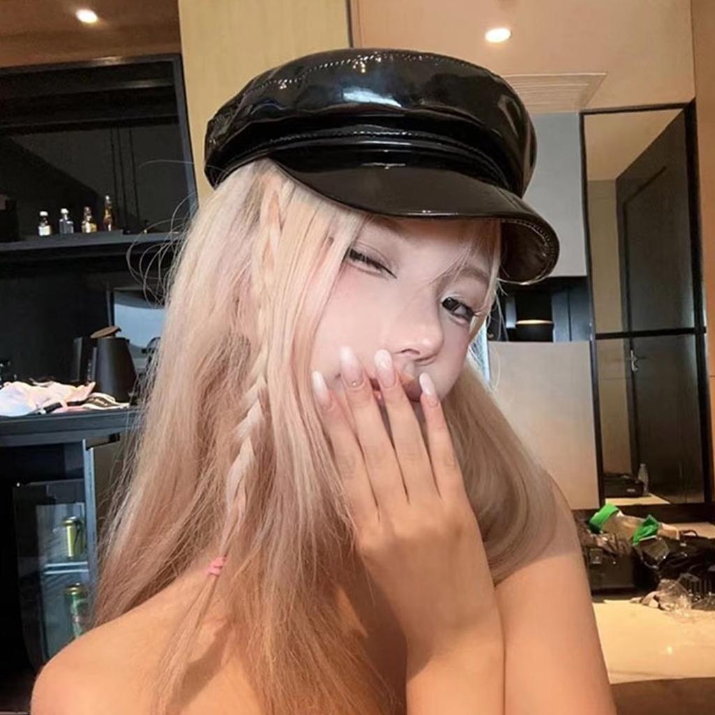 PU Beret British Elegant Shiny Black Painter Hat Grandpa Hat Cabbie Hat for Outdoor Walk Club Cabbie Hat