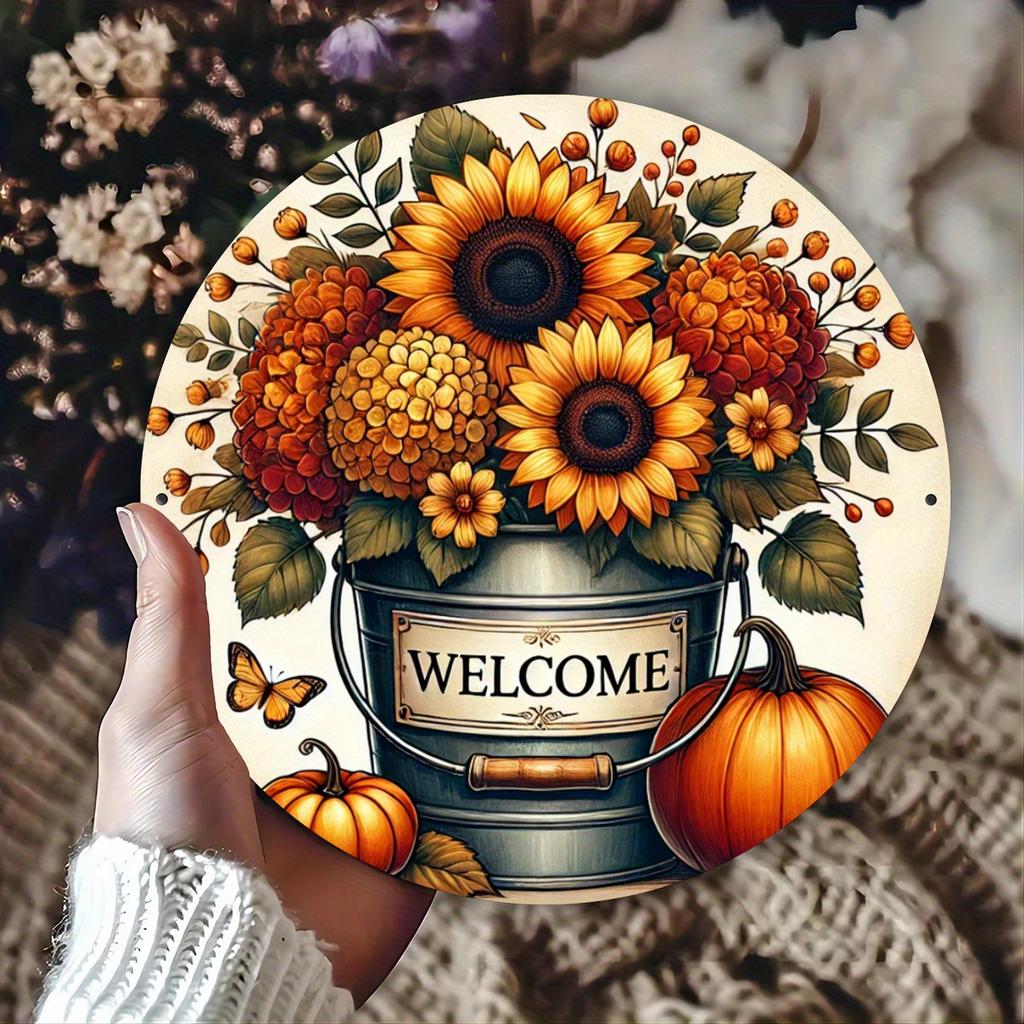 Fall Welcome Sunflower Pumpkin Bucket Round Metal Sign D Flat Printed Autumn Floral Butterfly Art Tin Plaque Farmhouse Harves
