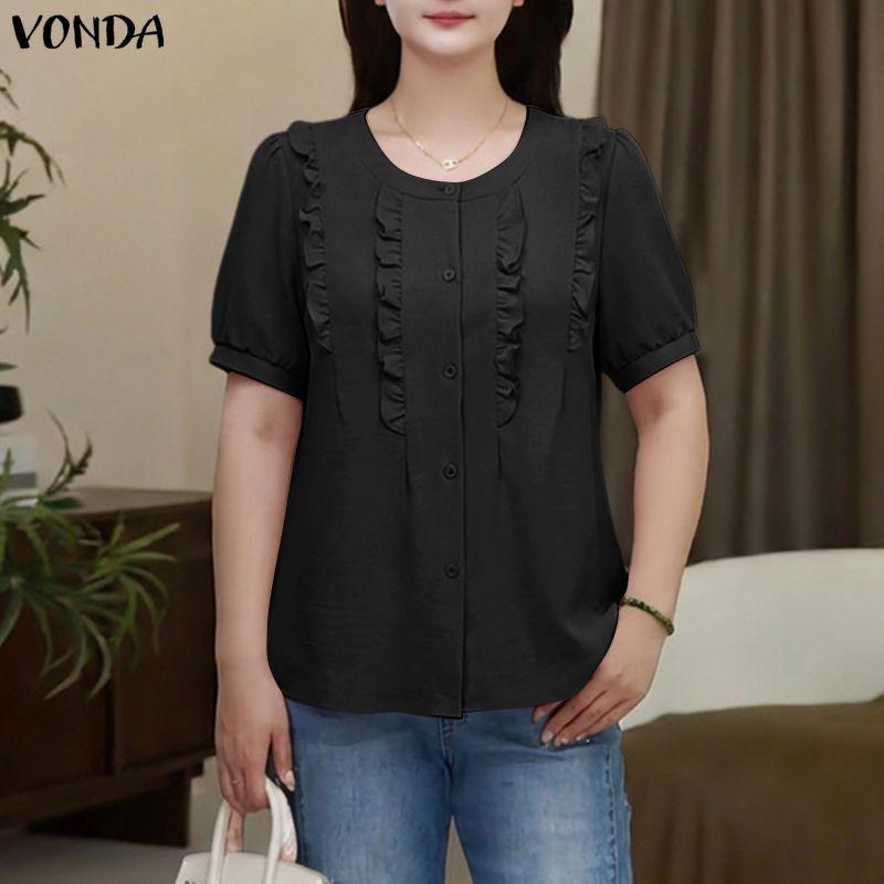 VONDA Women Casual O Neck Solid Color Summer Short Sleeve Blouse Tops