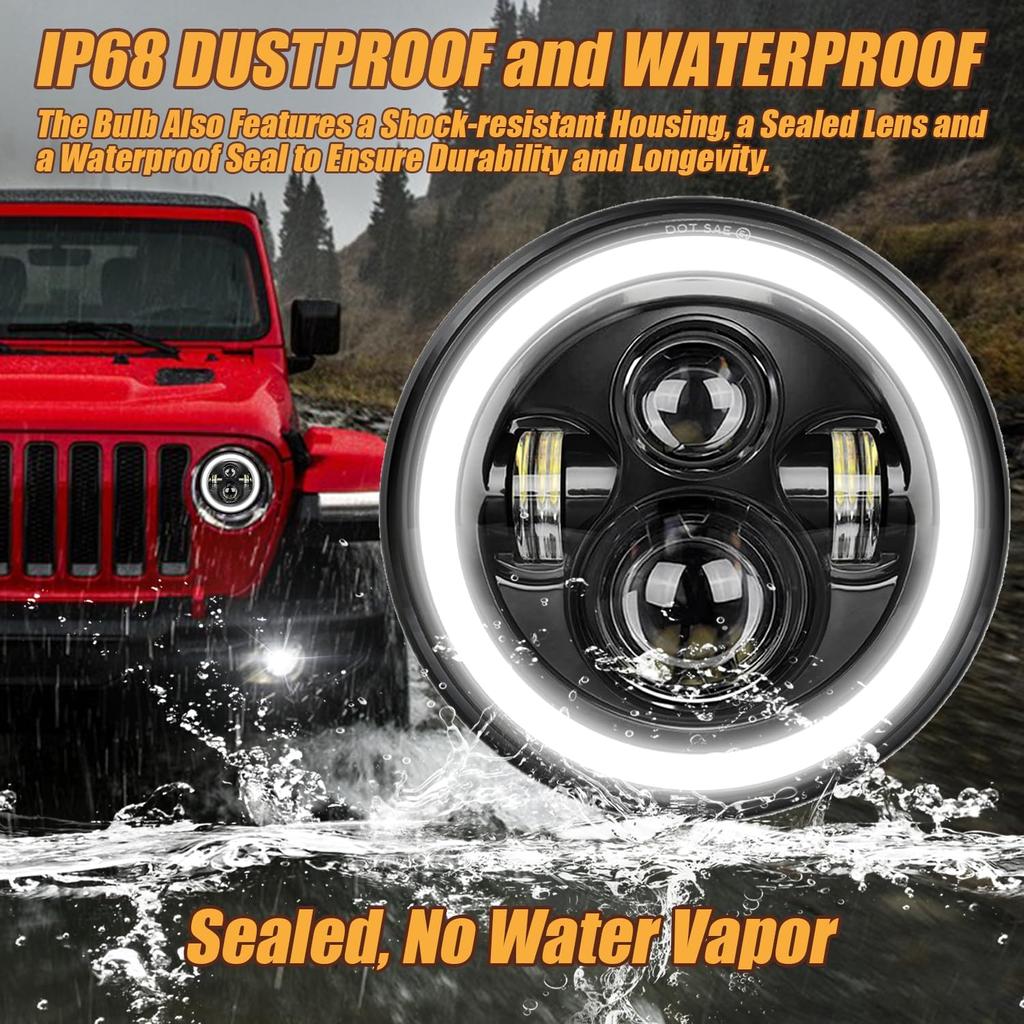 Ultra Brightness 7 Inch LED Headlight Round H6024 Halo Headlight 6500K Cool White Compatible with Motorcycle Jeep Wrangler JK TJ CJ Defender Mustang