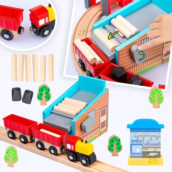 Train en bois kinderplay green series avec rails, locomotive, wagons, pont, scierie et pêche magnétique (gs6151)