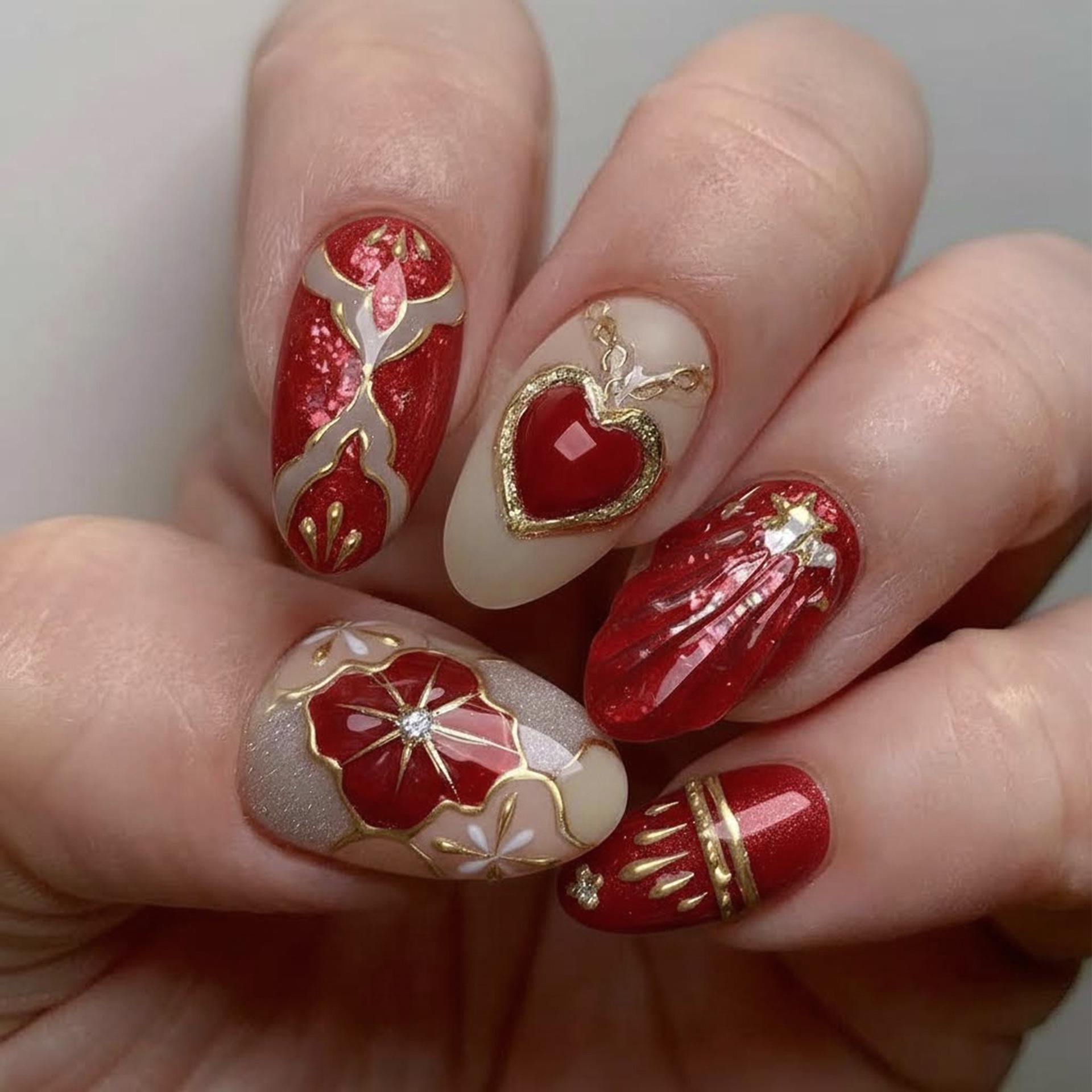 30-Piece Set: Gold Foil Almond Wearable Nails with 3D Red Heart Design Finished Strip (Three Sets, Full Diamond)