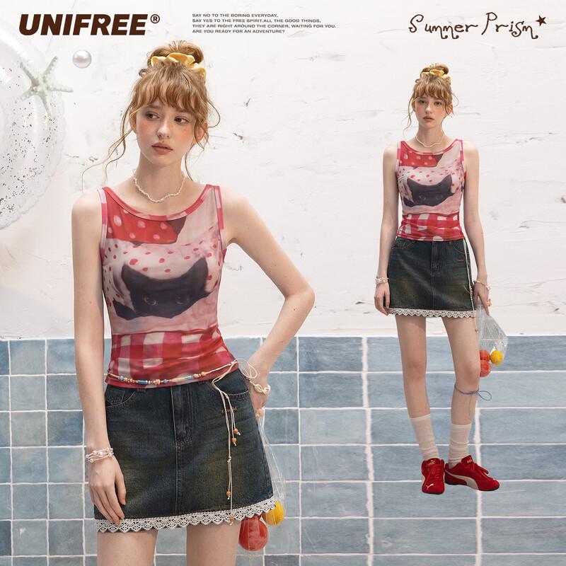 UNIFREE Retro Black Cat Print Tank Top One Size