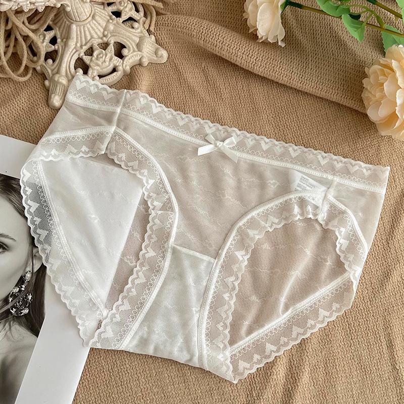 French Lace Ice Silk Mid-Waist Panties - Women's Sexy Semi-Transparent Seamless Briefs with Soft, Breathable Crotch