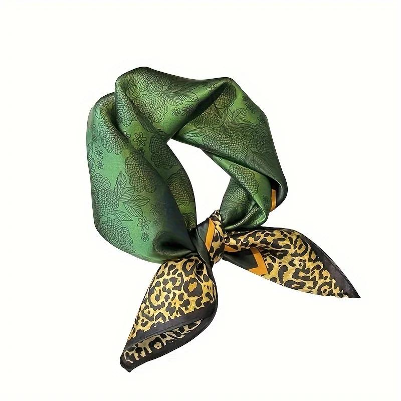 Luxury Brand Leopard Print Square Hijab Scarf Imitation Silk Green Small Neck Scarf Stylish Casual Headscarf