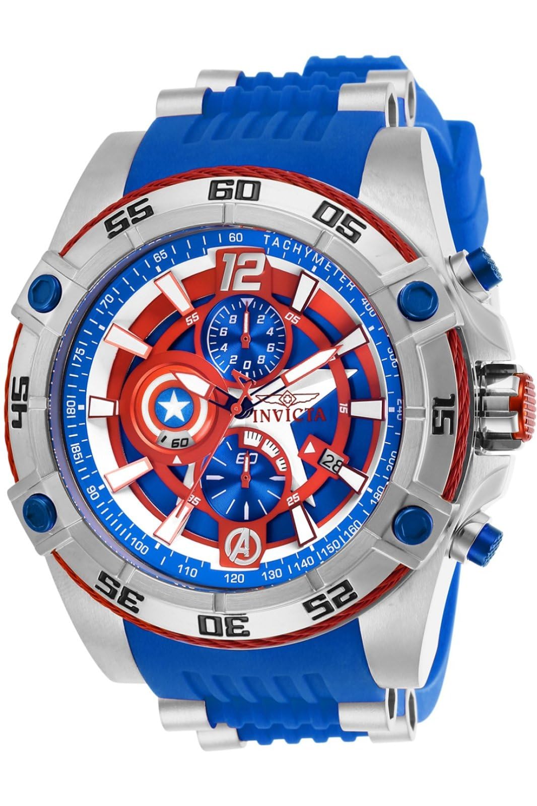 

Invicta Marvel Blue Steel Bracelet Case Quartz Red Dial Analog Watch 26780 Men s &