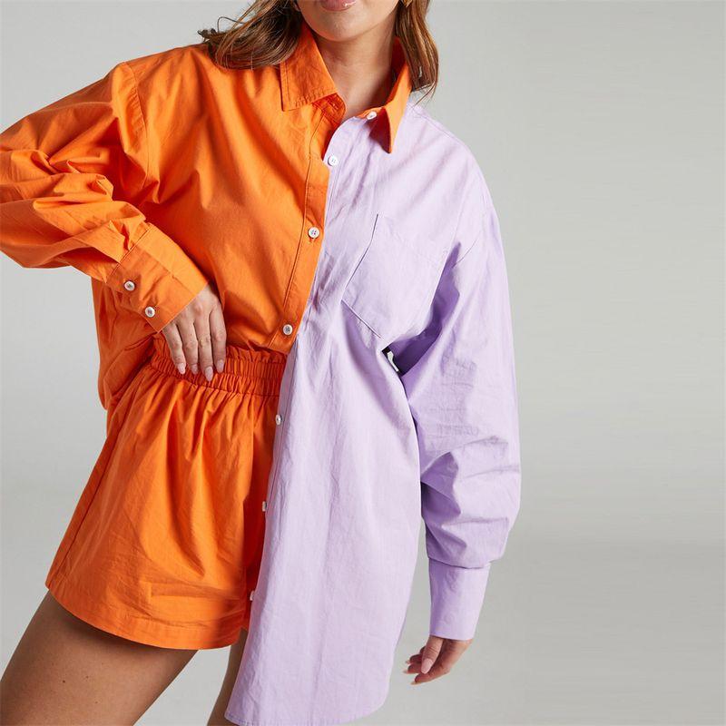 

Spring and Summer New Polo Single-Breasted Candy Color Color Matching Long-Sleeved Shirt Elastic Waist Shorts Two-Piece Suit 13-Color Women Orange + purple L