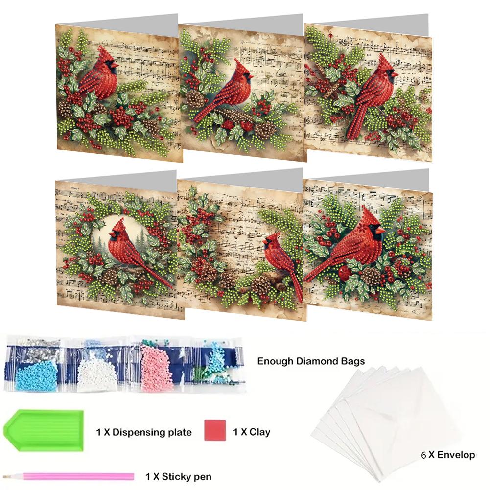 6Pcs Christmas Cardinal DIY Diamond Painting Card Rhinestone Painting Card Kit Diamond Daily Wish Card for Holiday Party Favors