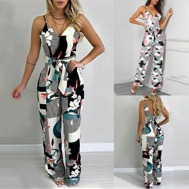 Elegant Multicolor Women Strappy Wide Leg Long Playsuit With V-neck Design