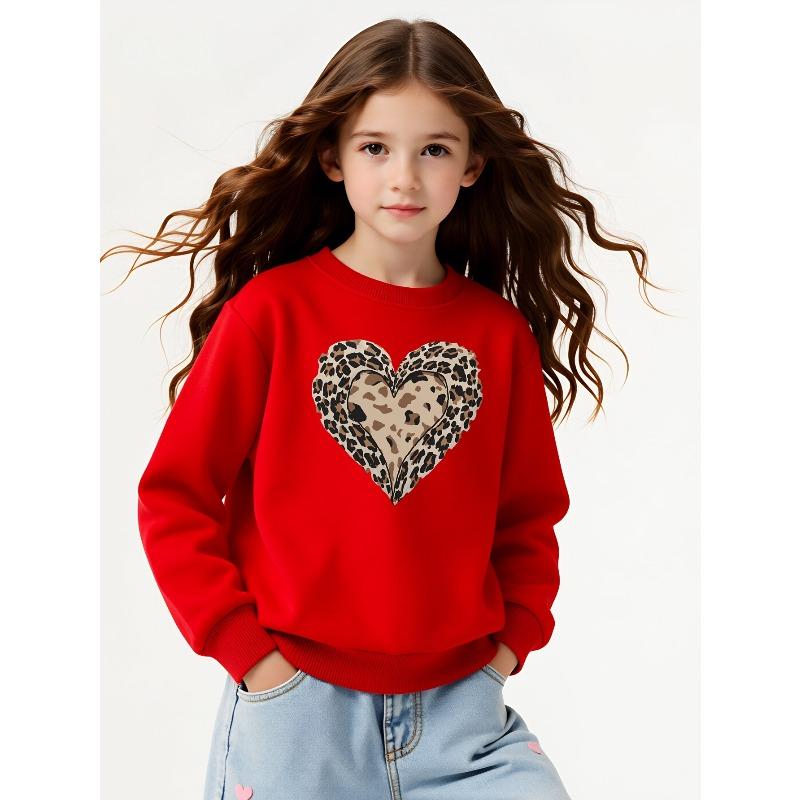 Girls' Leopard Print Heart Pattern Long-Sleeve Crewneck Sweatshirt | Casual, Slight Stretch, Regular Fit