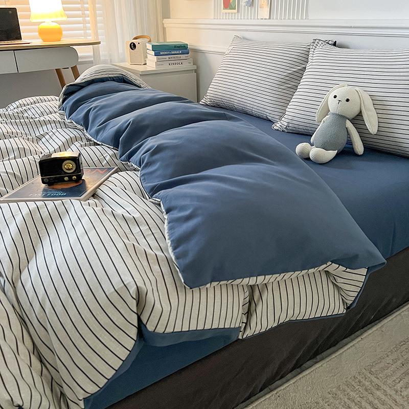 Muji Style Plaid Peach Fuzz Cotton Bedding Set: Skin-friendly Bed Sheet, Fitted Sheet, Duvet Cover - 3 or 4 Piece Options for Dorm.