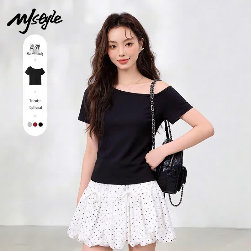 MJ STYLE Women s Off-Shoulder Ribbed Short-Sleeve T-Shirt S