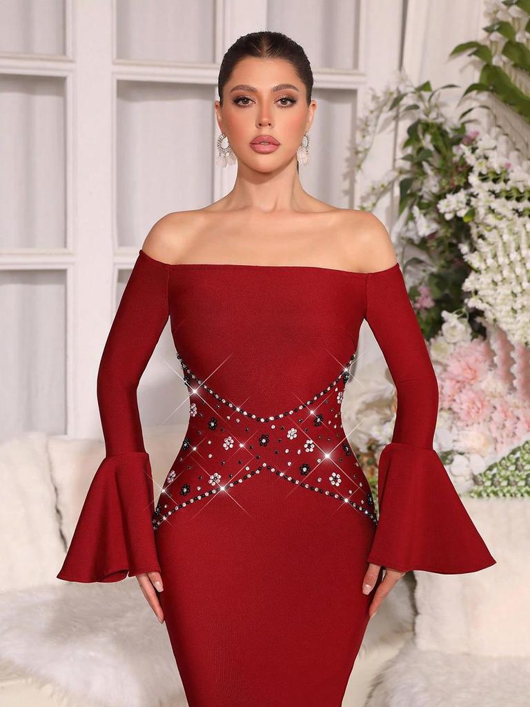 European Style Strapless Rhinestone One-Shoulder Elegant Long Dress