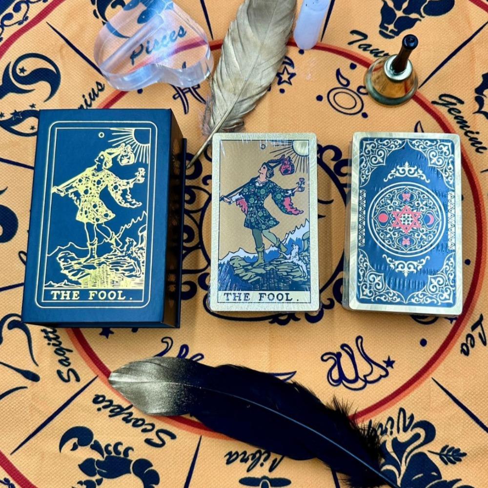Pachet Tarot Hexagramă Aur Negru 12*7cm Rider Folie Aurie – 78 Cărți Tarot Impermeabile Rezistente la Zgârieturi În Cutie Rigidă de Cadou