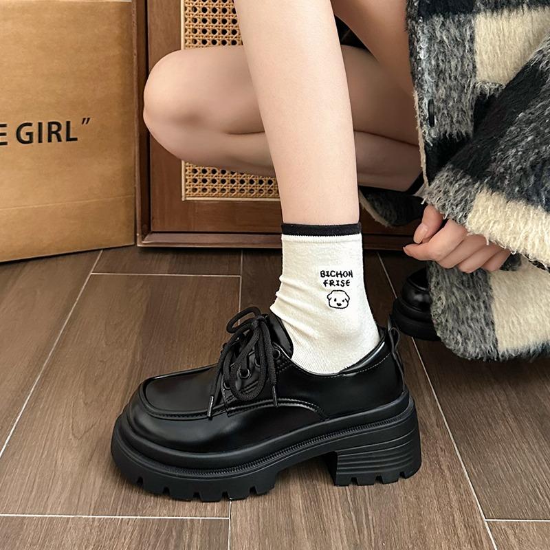 2024 Hot Sale Ladies Shoes Loafers Women's High Heels Platform Casual Pumps Women Round Toe Med Heel Lace Up Warm Shoes Female