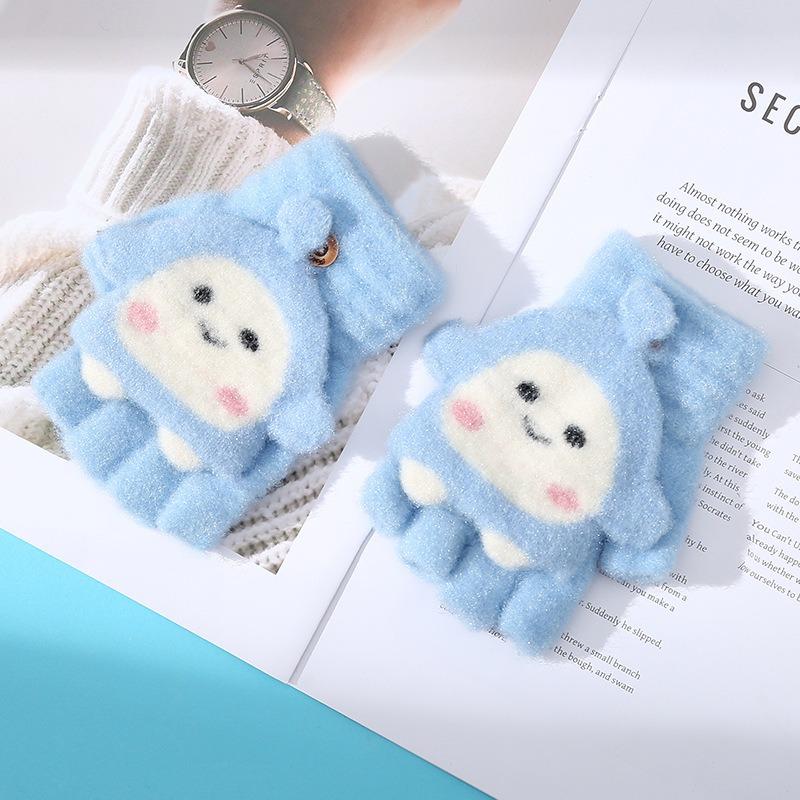 Autumn and Winter New Cute Girl Dumpling Flip Gloves Fresh and Sweet Versatile Thickened Plush Half-finger Gloves