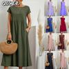 Fashion Summer Spring Solid Color Print Short Sleeve O-Neck Casual Dresses