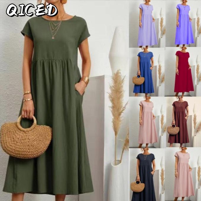 QICED Fashion Summer Spring Solid Color Print Short Sleeve O-Neck Casual Dresses