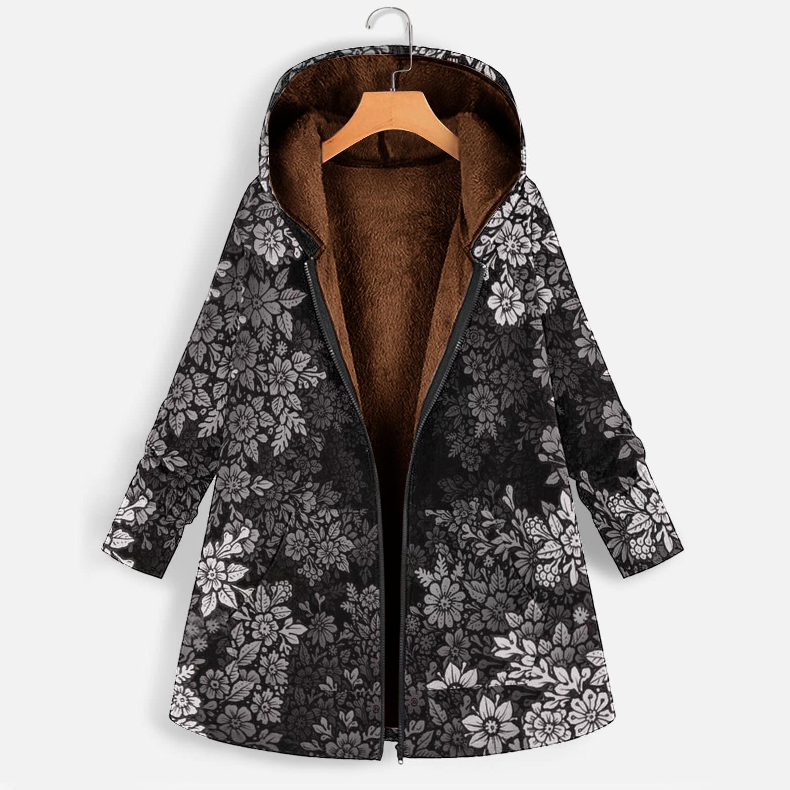 

Women s Fashion Printed Winter Hooded Reversible Fleece Jacket Coat XL чорний