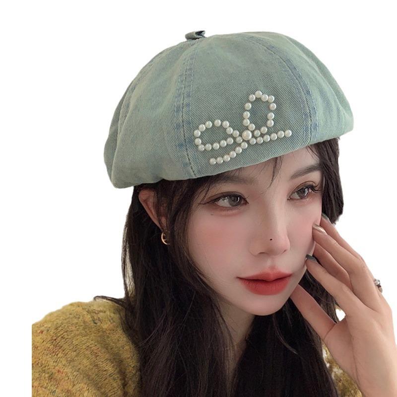 Washed denim beret sweet cool pearl bow bud hat female cute versatile face little painter hat