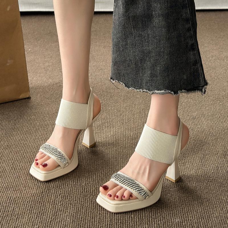 Women Fashion Sexy Chunky Square Toe Platform Pumps Sandals Women Summer New Elastic Rhinestone Platform Party Sandalias Mujer