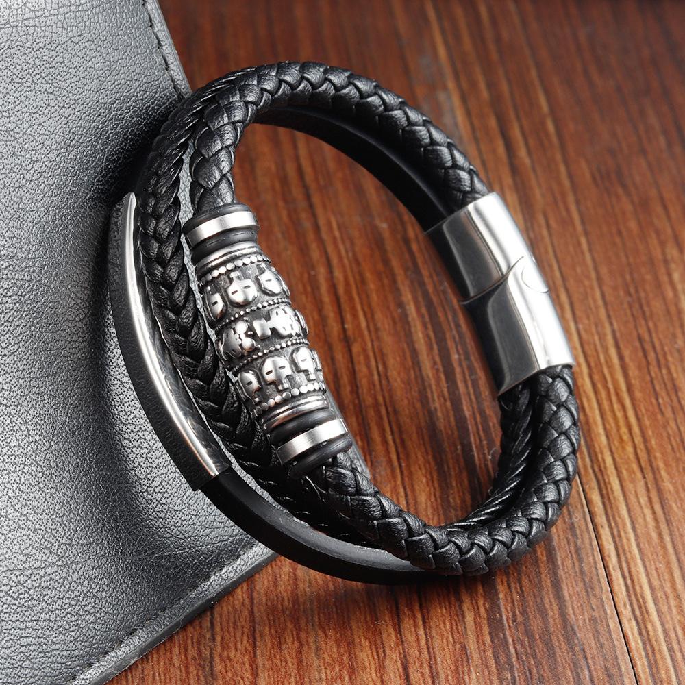 Black Leather Rope Cowhide Men's Double-layer Genuine Leather Woven Bracelet Handmade Multi-layer Leather Bracelet