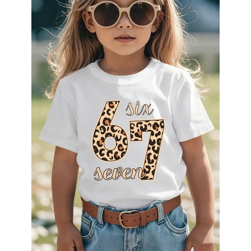 European sizes Summer Fashion Girls  Short Sleeve T-Shirt, Leopard Print Number 67 Cartoon Pattern Casual Top 140 белый