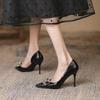 6-Niche Design Texture Side Empty High Heels Rhinestone Metal Buckle Stiletto Single Shoes Pointed Women's Shoes