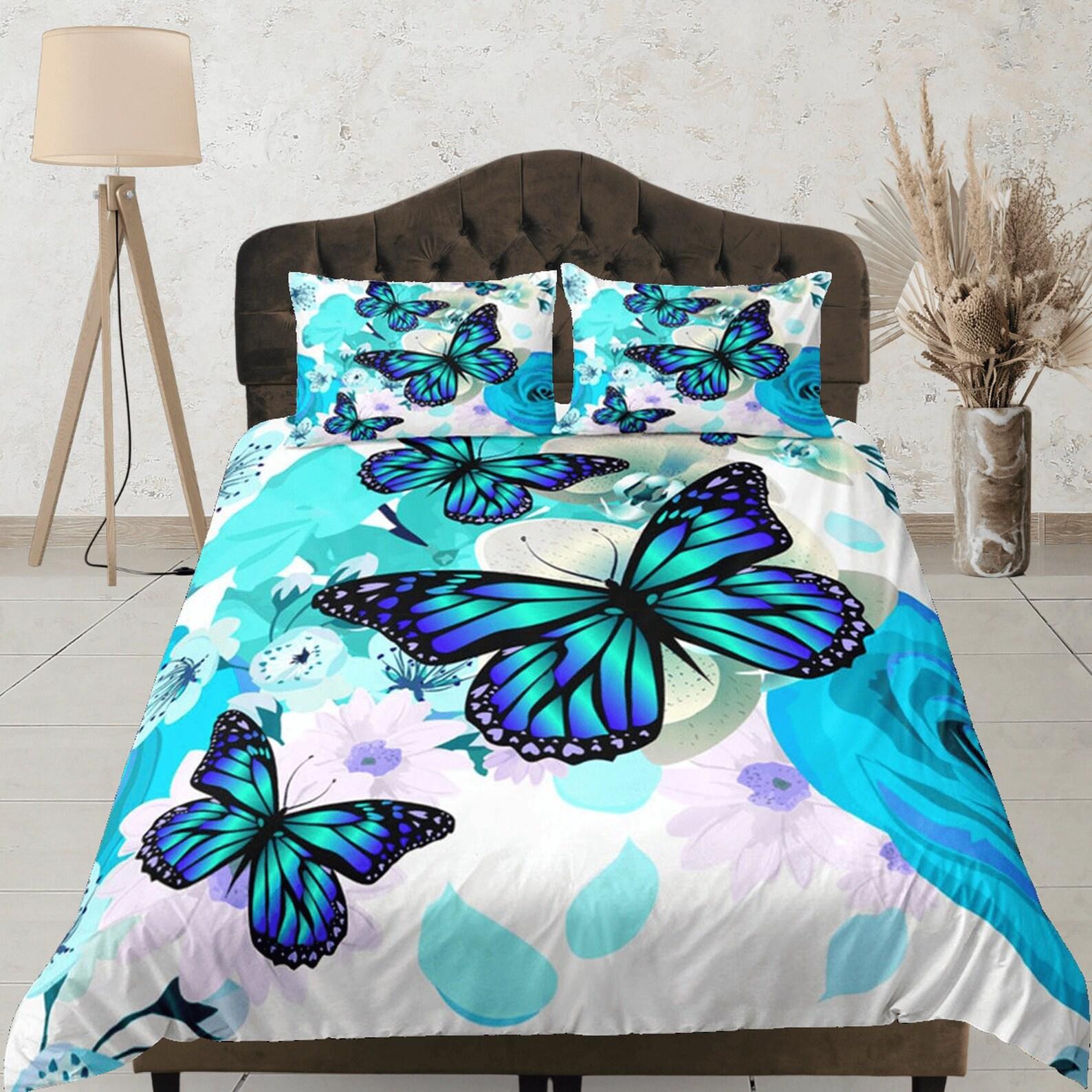 Blue Butterfly Duvet Cover, Whimsical Nature Bedspread, Teens Dorm Bedding, Cute Bedding Set, Floral Bedroom Set, Nature Inspired Room Decor 135x200cm