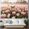 2D Pink Tulip Field Backdrop with Monarch Butterflies Nature Background