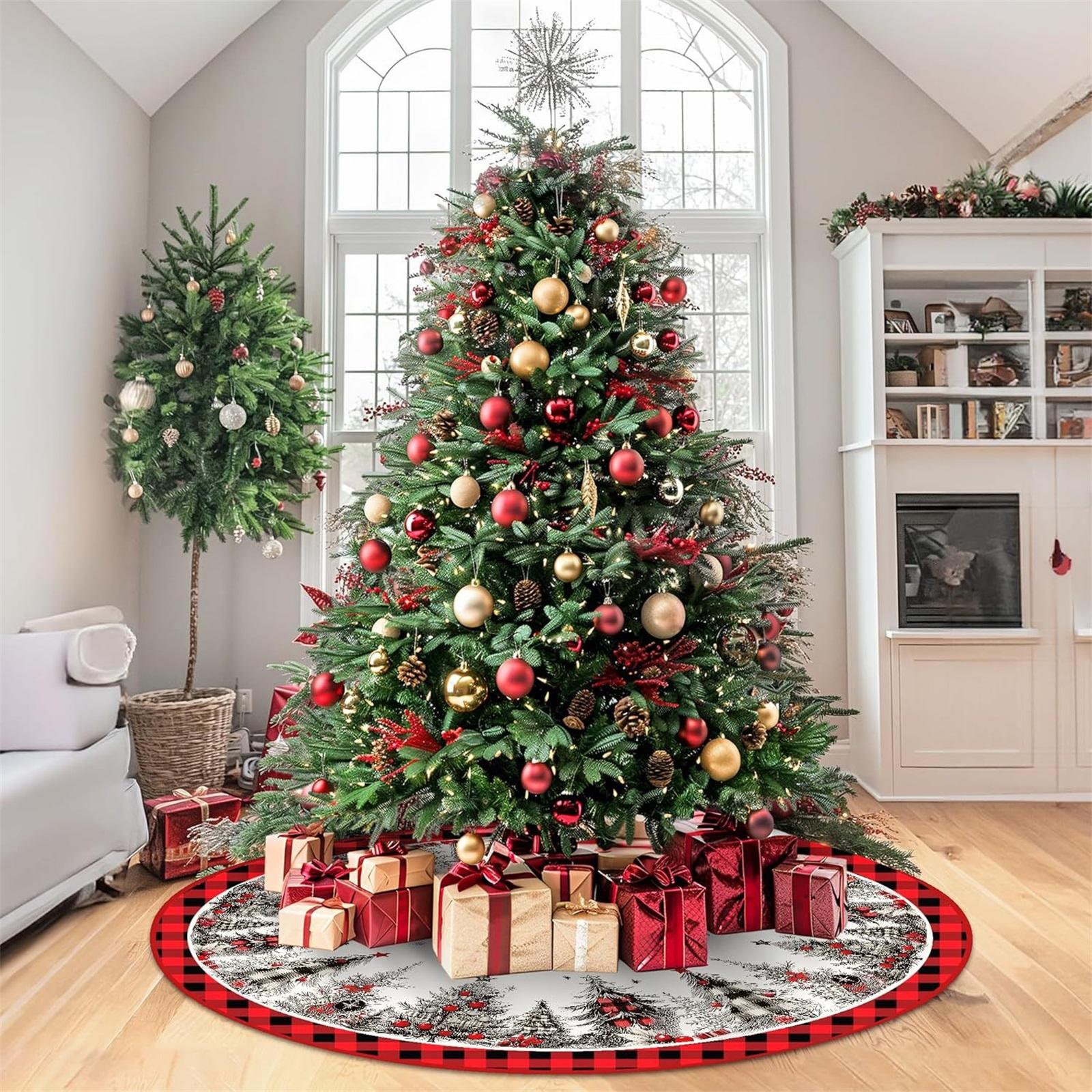 Christmas Tree Skirt Round Decorative Cover with Tree and Snowflake Pattern for Holiday Party and Mall Decoration Suitable for Various Tree Sizes One Size