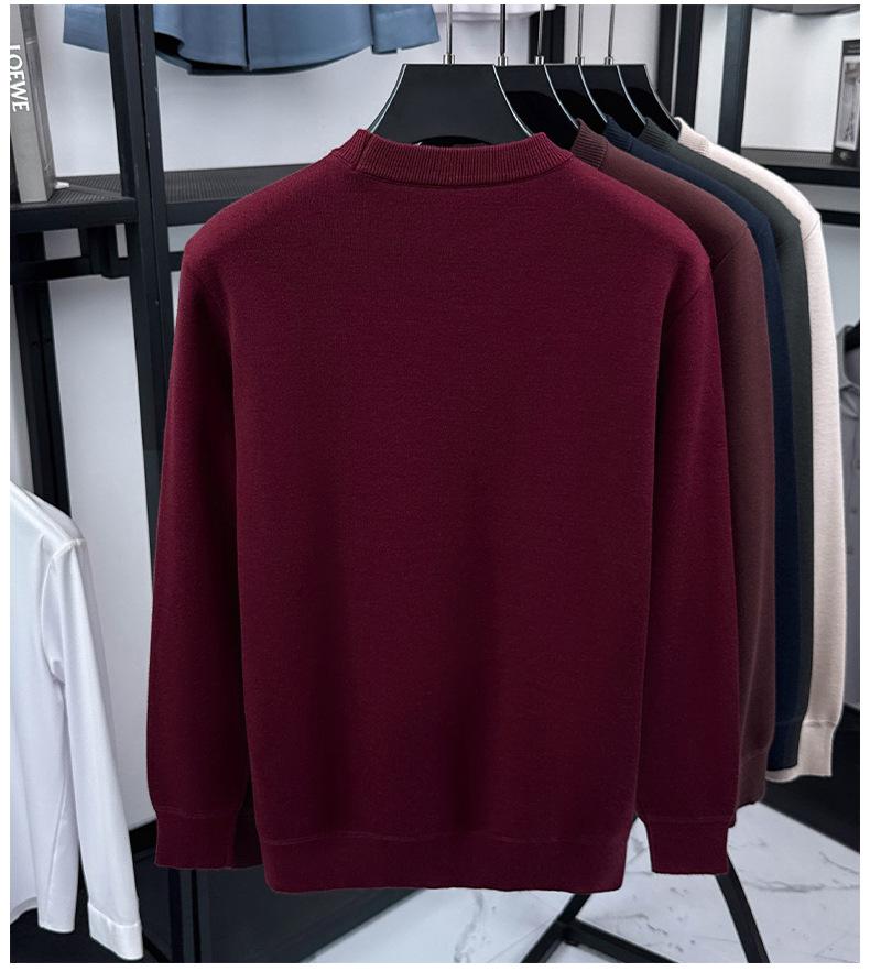 Men's 2025 Pullover Hoodie: Thickened Velvet, Solid Color, Round Neck Knitwear for Middle-Aged and Elderly Men