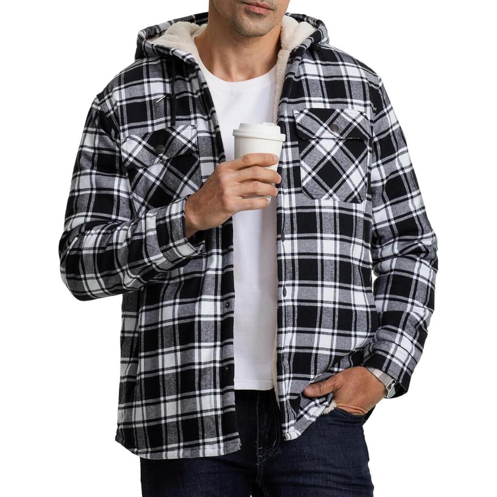 Men's Quilted Lined Button Down Plaid Shirt Add Velvet To Keep Warm Jacket With Hood